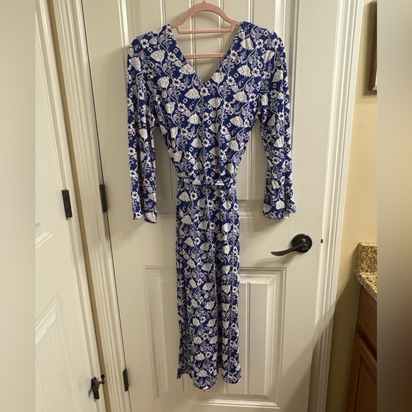 Boden Amy Jersey Midi Dress Double V Belted Blue White Size 6R VGUC Side Pockets - Picture 5 of 16